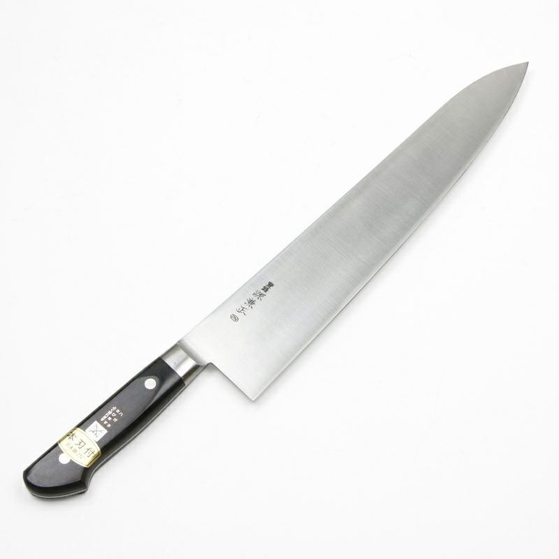 源 兼正 牛刀 両刃 300mm 全鋼 口金付き 黒合板柄 本刃付仕様 全体