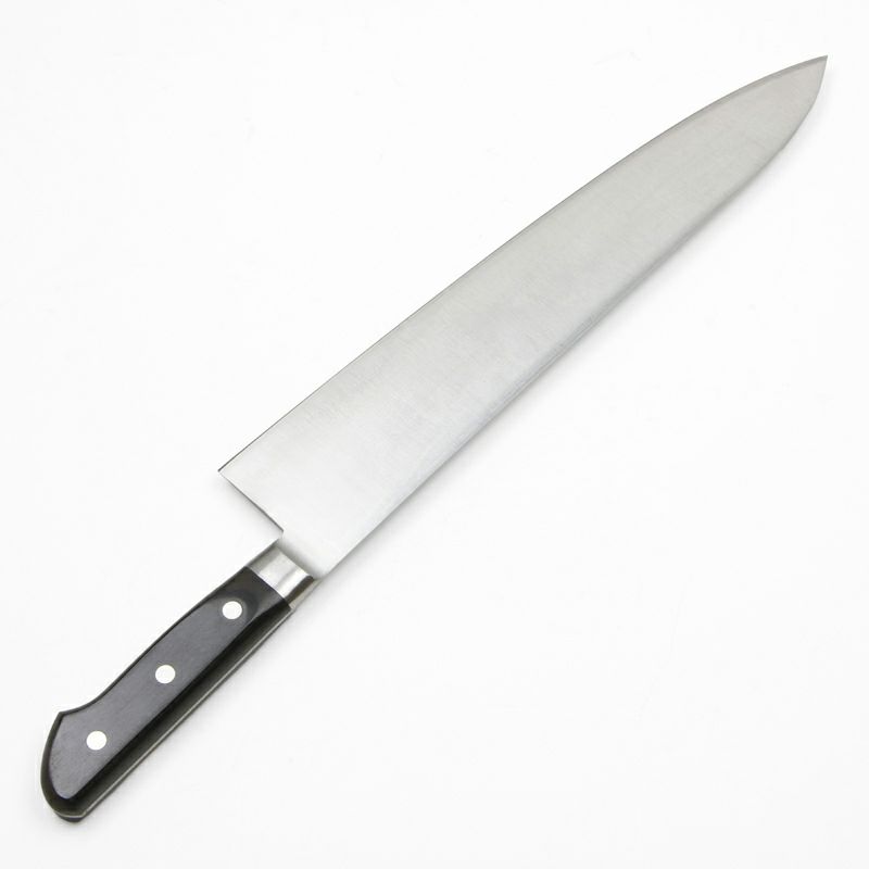 源 兼正 牛刀 両刃 300mm 全鋼 口金付き 黒合板柄 本刃付仕様 裏