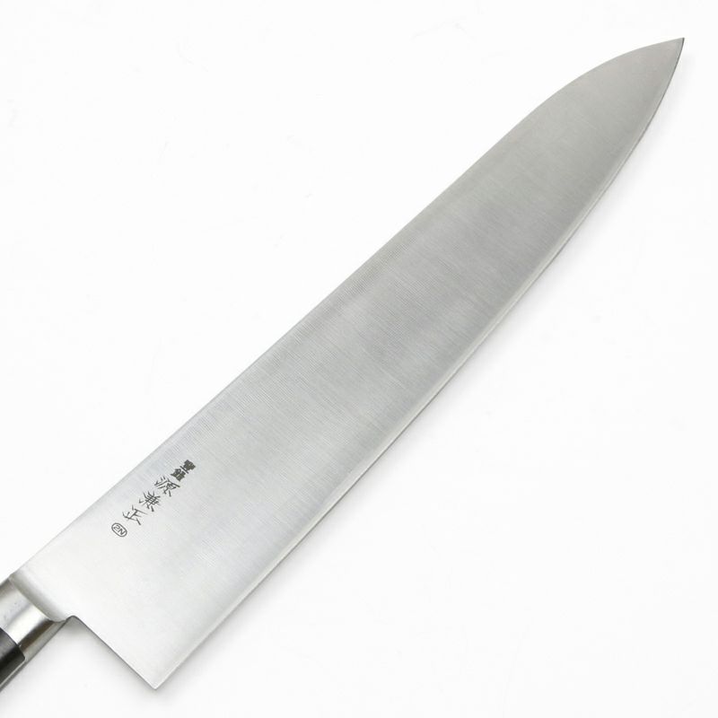 源 兼正 牛刀 両刃 300mm 全鋼 口金付き 黒合板柄 本刃付仕様 刃先