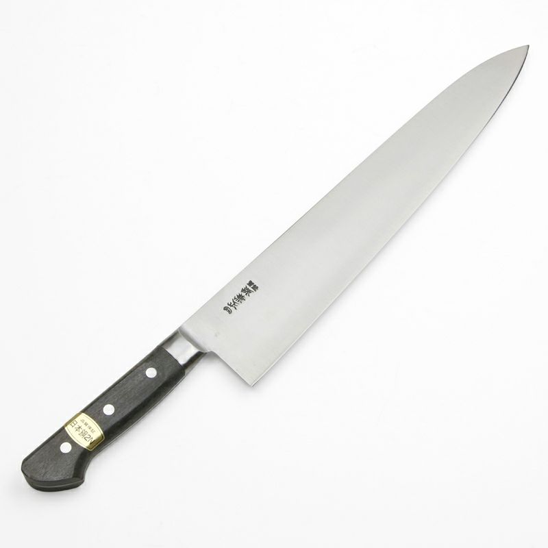 源 兼正 牛刀 両刃 330mm 全鋼 口金付き 黒合板柄 本刃付仕様 全体