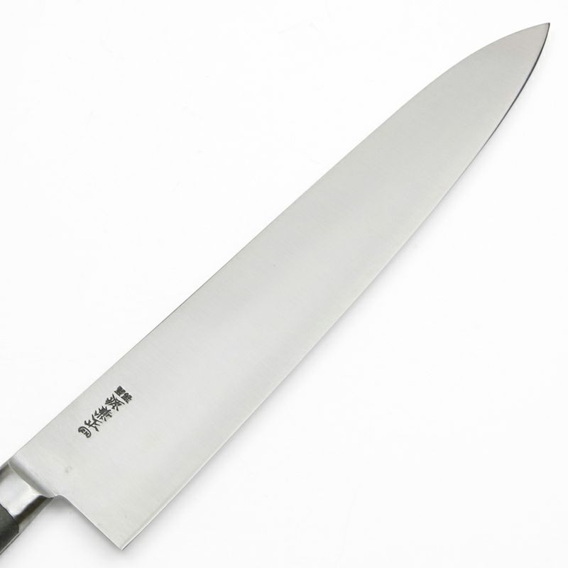 源 兼正 牛刀 両刃 330mm 全鋼 口金付き 黒合板柄 本刃付仕様 刃先