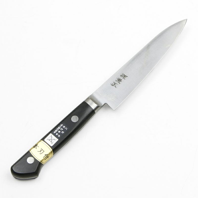 源 兼正 ペティナイフ 両刃 120mm 全鋼 口金付き 黒合板柄 本刃付仕様 全体
