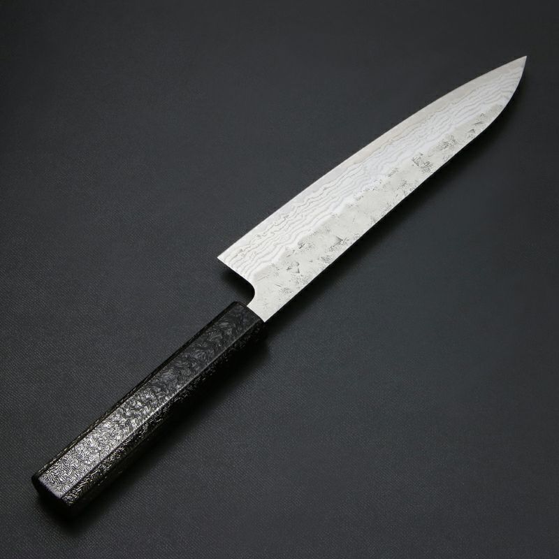 和牛刀 210mm 両刃 スウェーデン鋼 和紙地 33層ダマスカス模様 暗銀漆柄 裏
