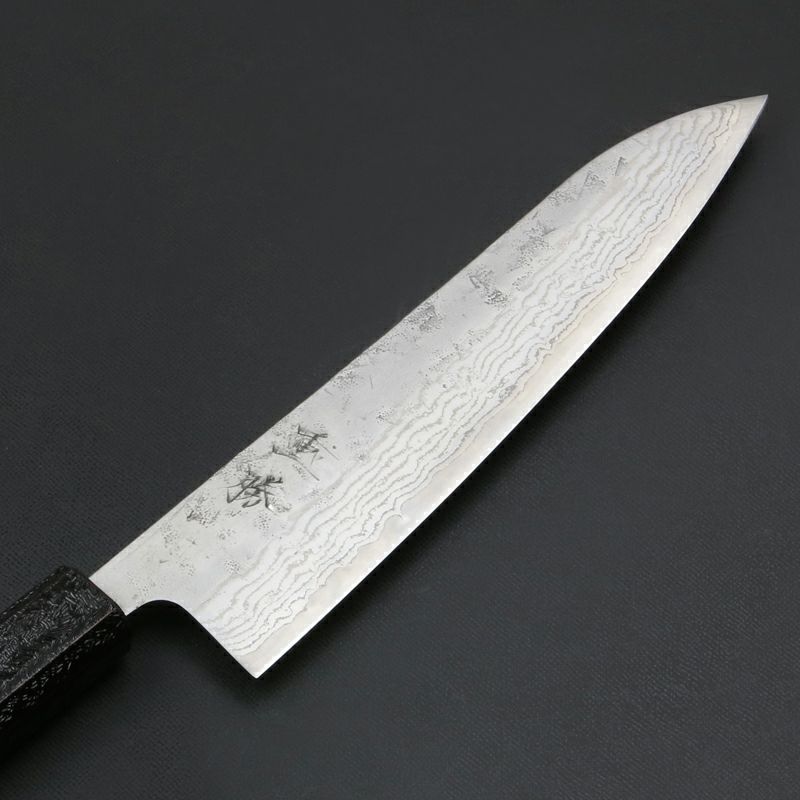 和牛刀 210mm 両刃 スウェーデン鋼 和紙地 33層ダマスカス模様 暗銀漆柄 刃
