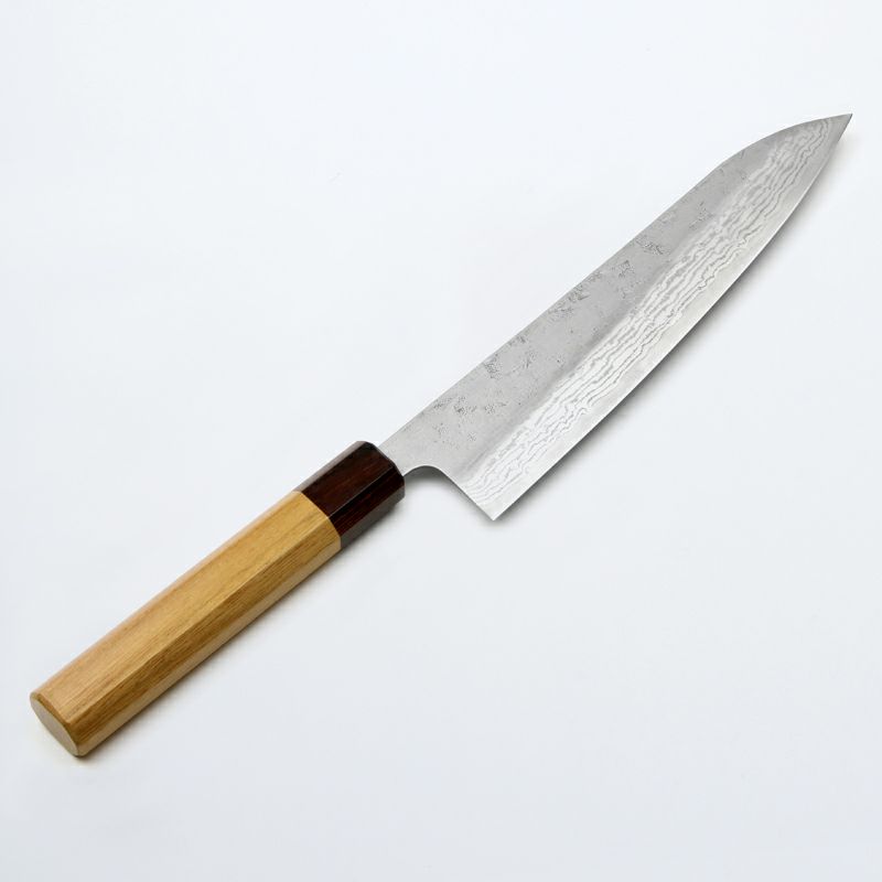 和牛刀 210mm 両刃 スウェーデン鋼 和紙地 33層ダマスカス模様 八角ケヤキ柄 全体