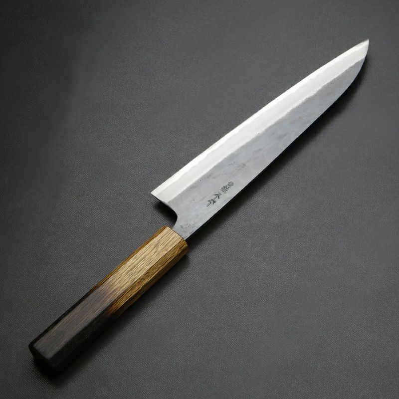 元兼 和牛刀 210mm 両刃 青紙スーパー 割込み 黒打ち仕上げ 焼き漆柄 短柄仕様 土佐打ち刃物 極上品 裏