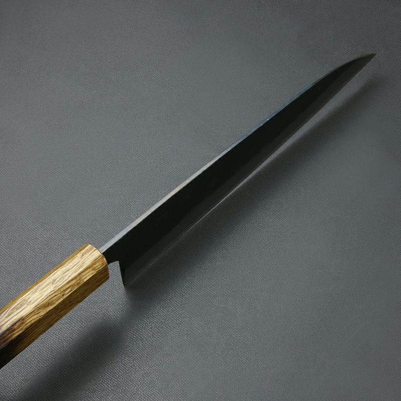 元兼 和牛刀 210mm 両刃 青紙スーパー 割込み 黒打ち仕上げ 焼き漆柄 短柄仕様 土佐打ち刃物 極上品 峰