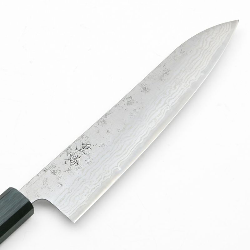 重勝 和牛刀 210mm 両刃 スウェーデン鋼 和紙地 33層ダマスカス模様  燦藍柄 刃