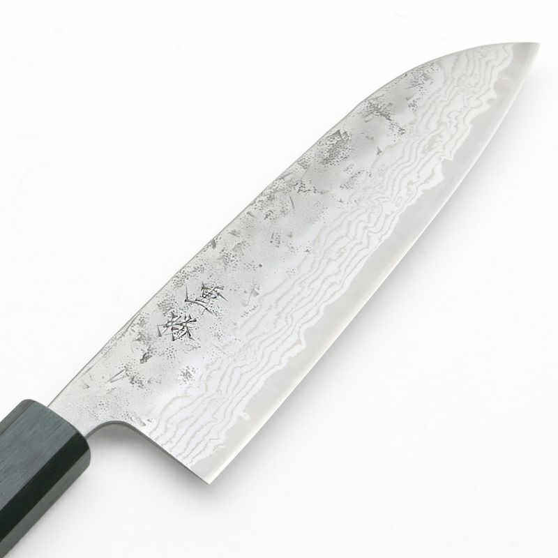 重勝 三徳包丁 165mm 両刃 スウェーデン鋼 和紙地 33層ダマスカス模様  燦藍柄 刃