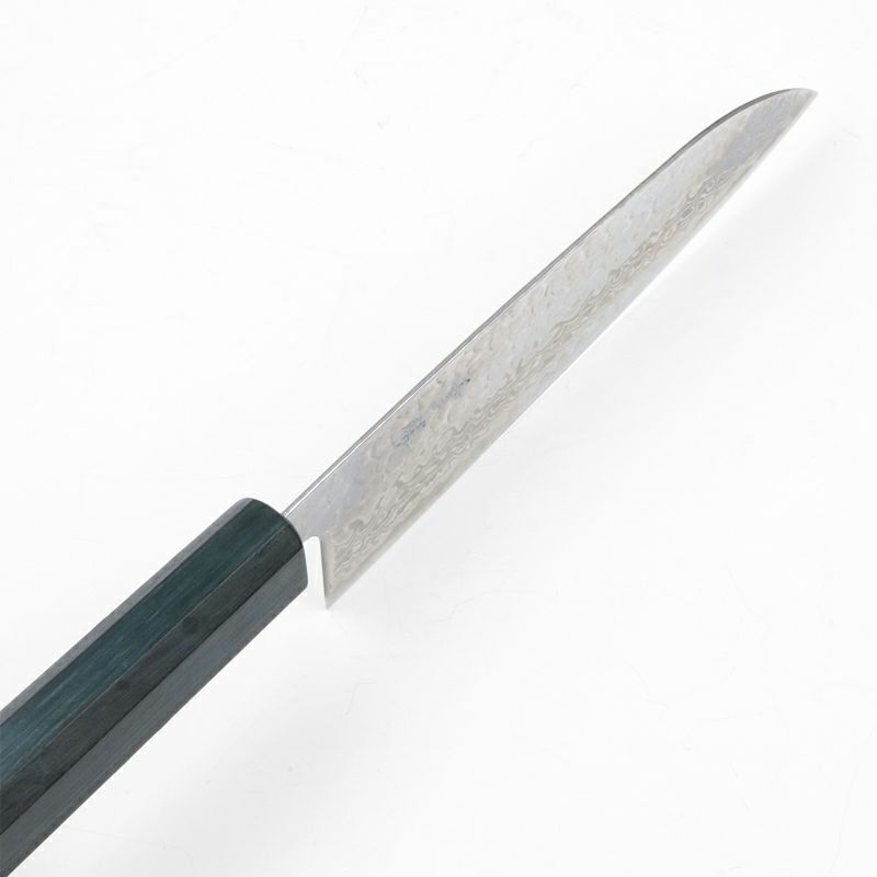 重勝 三徳包丁 165mm 両刃 銀三ステンレス 月白 槌目 33層ダマスカス模様 燦藍柄 峰