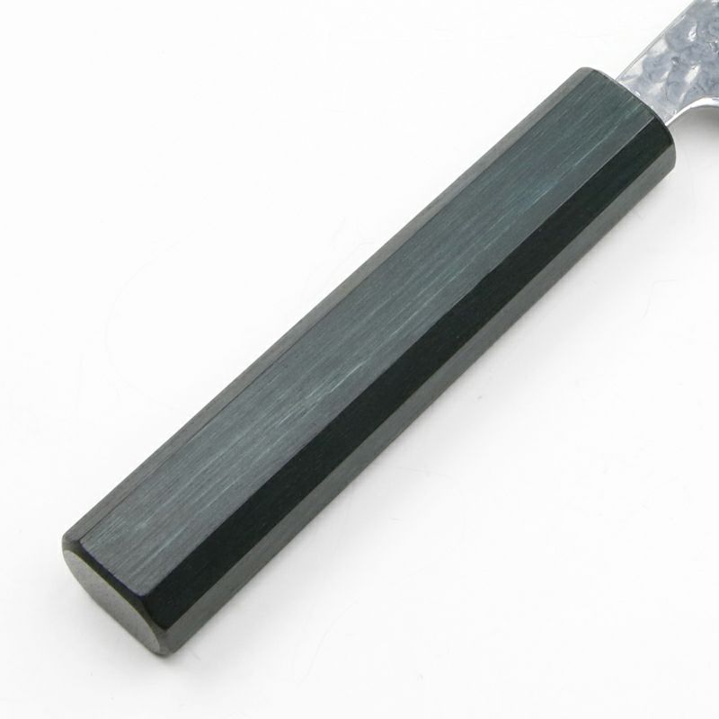 重勝 三徳包丁 165mm 両刃 銀三ステンレス 月白 槌目 33層ダマスカス模様 燦藍柄 柄