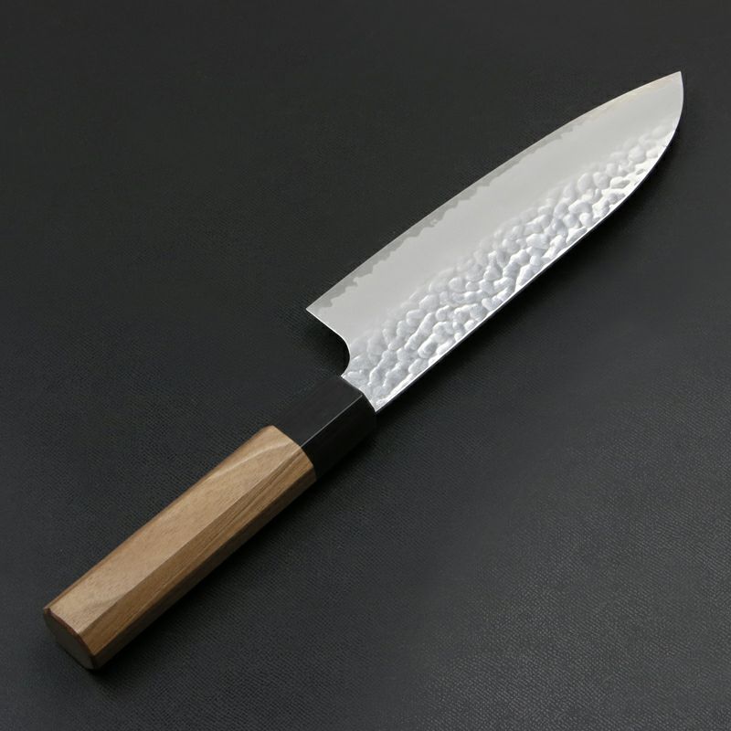 宏之作 和三徳包丁 170mm 両刃 粉末ハイス HAP40鋼 割込み ステンレス 槌目仕上げ 八角ウォルナット柄 裏
