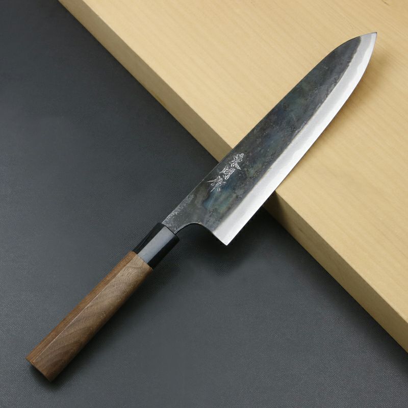 東周作 和牛刀 210mm 両刃 青紙スーパー 割込み 黒打ち仕上げ クルミ柄