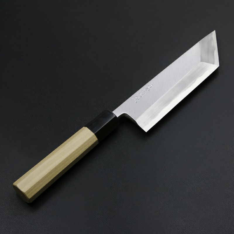 東周作 鰻裂き包丁 片刃 165mm 江戸裂き 関東型 青紙2号 付け鋼 磨き仕上 八角水牛柄 全体