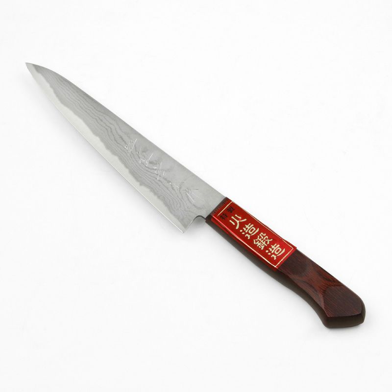 重宏別作 ペティナイフ 両刃 150mm V金10号 ステンレス ダマスカス模様 赤柄 規格外品 全体