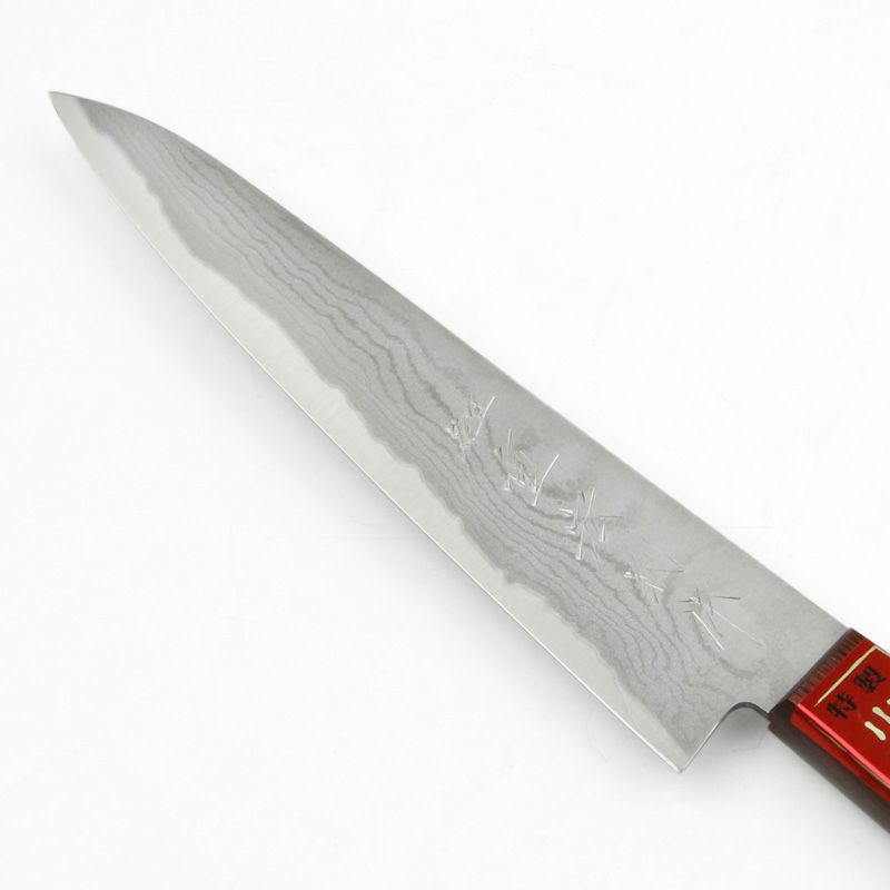 重宏別作 ペティナイフ 両刃 150mm V金10号 ステンレス ダマスカス模様 赤柄 規格外品 刃