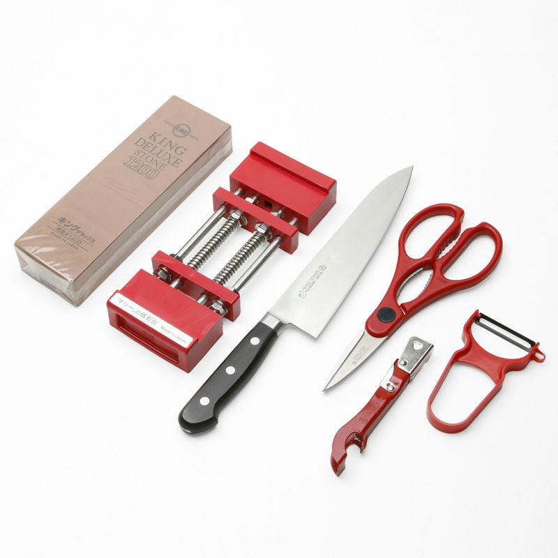 家庭用調理道具福袋 赤(牛刀195 料理鋏 三徳缶切 ピーラー)