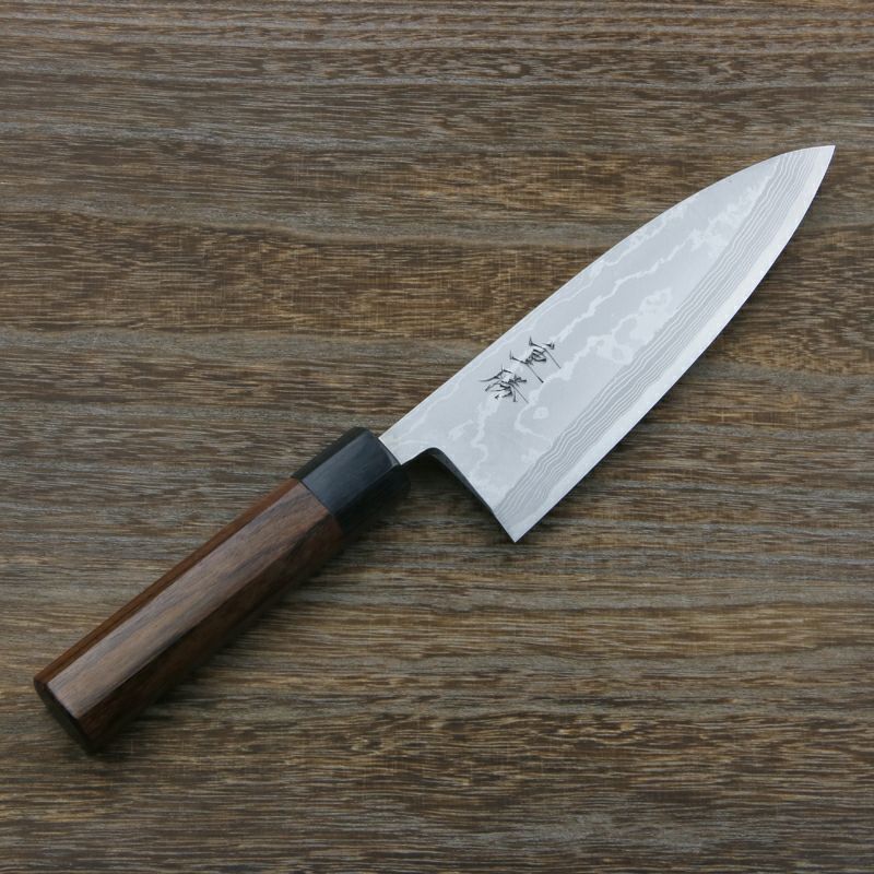 重勝 出刃包丁 片刃 180mm 白紙鋼 鋼付 積層鋼 八角紫檀柄 全体