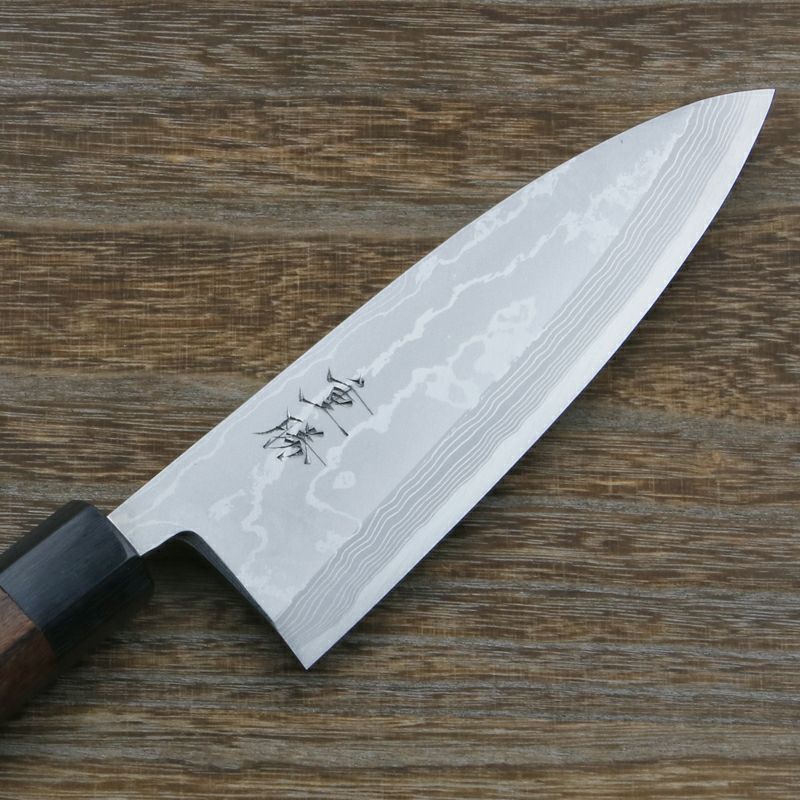 重勝 出刃包丁 片刃 180mm 白紙鋼 鋼付 積層鋼 八角紫檀柄 刃先